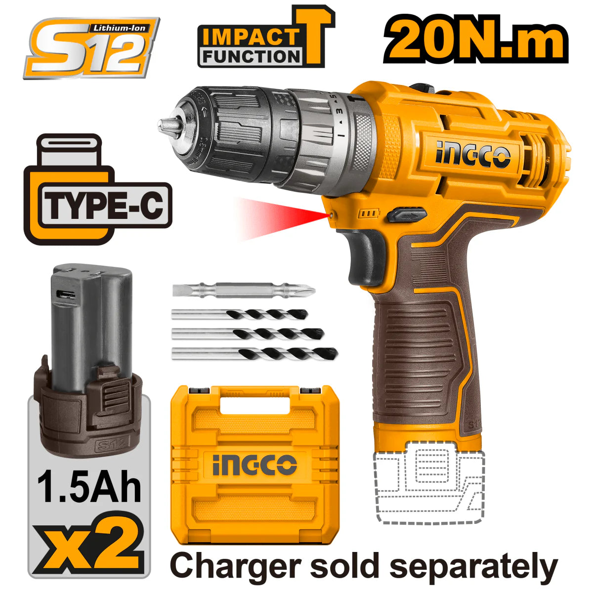 Taladro Percutor 3/8 12V 20Nm Impacto Con 2 Baterías INGCO CIDLI12202