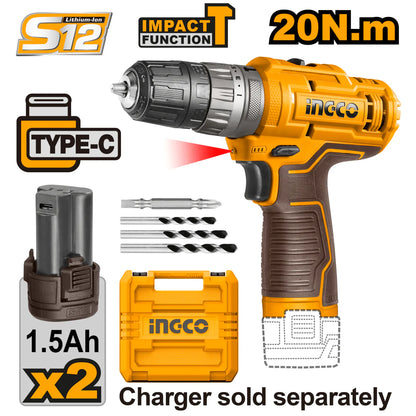 Taladro Percutor 3/8 12V 20Nm Impacto Con 2 Baterías INGCO CIDLI12202