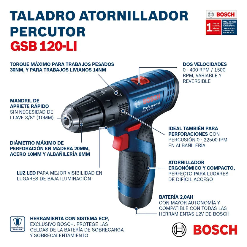 Taladro de percusión inalámbrico BOSCH GSB 120-LI + 1bat + 1 cargador REF: 9G8-1G1